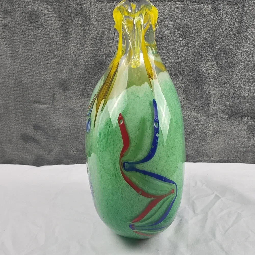 Murano Style Art Glass Vase Millefiori Yellow Green Double Handle Vase 11